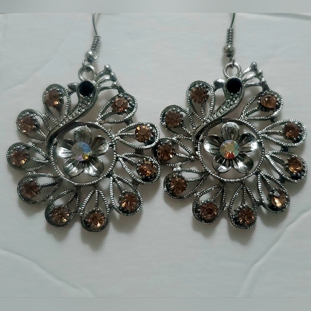 Peacock Silver & Crystal Design  Earrings